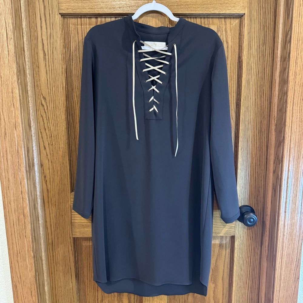 Amanda Uprichard Charcoal Gray Long Sleeve Lace-Up Bodice Shift Dress. Large